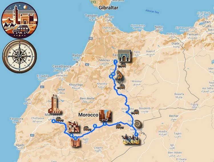 3 Days from Marrakech to Fes: Itinerary Map